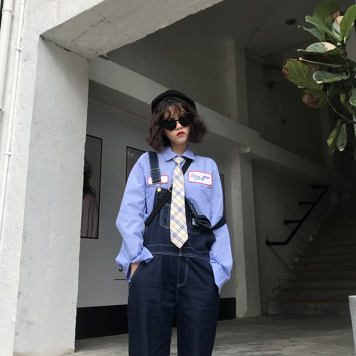 黑暗少女 秋夏韩国ins潮人复古BF风宽松背带连体牛仔裤 男女同款