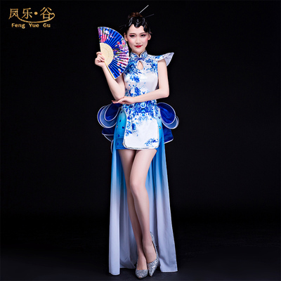青花瓷中国风旗袍古筝舞蹈服装