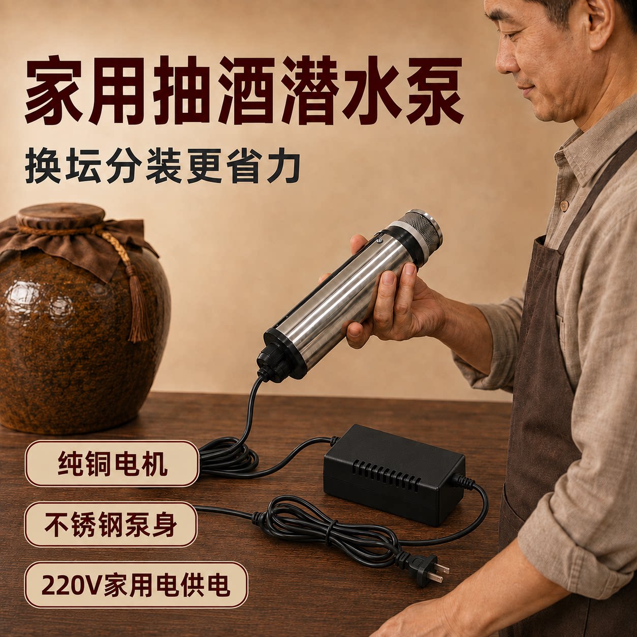220V家用抽酒潜水泵不锈钢纯铜电机酒坛分装电动抽水泵专用大流量