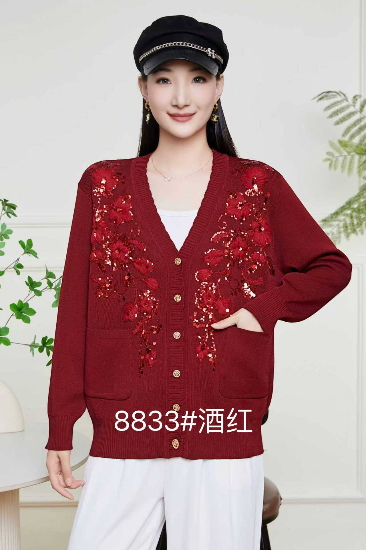 春秋冬新款针织衫女宽松V领中老年妈妈女长袖开衫外套短款毛衣装