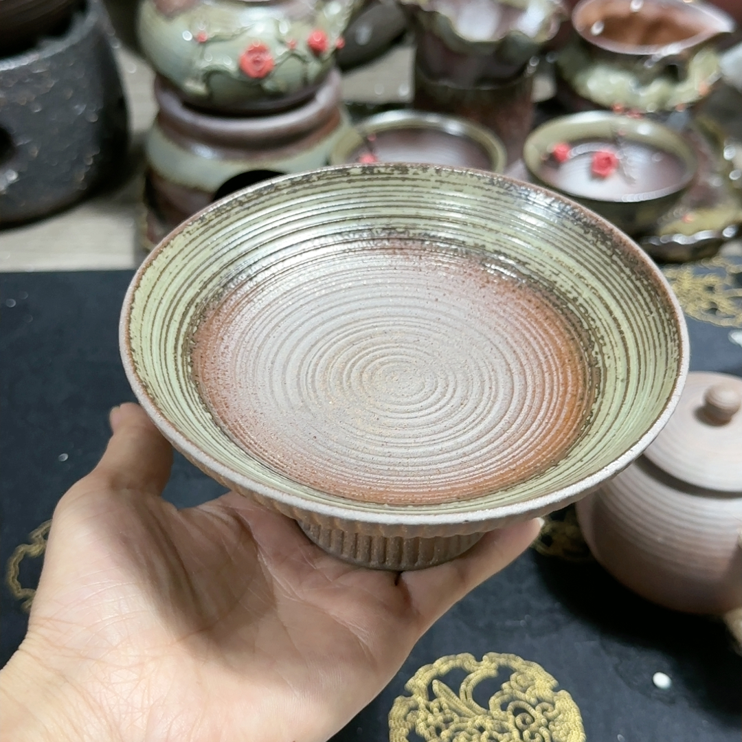 原矿老岩泥柴烧高脚茶点盘直径13厘米