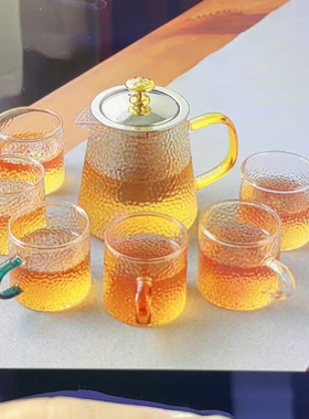 垂纹玻璃泡茶壶带六个杯子