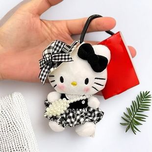 黑色草帽kitty猫包包挂件爱心扣公仔玩偶可爱赫本风挂饰钥匙扣