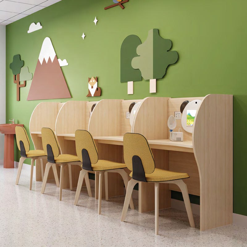 现代实木单人桌椅组合简约医院隔断式带屏风桌椅诊所儿童雾化桌椅