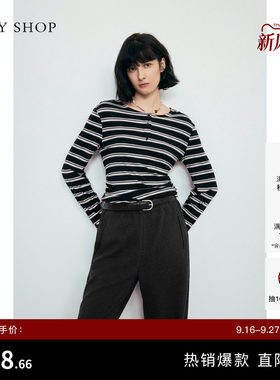 TKYSHOP抽褶条纹长袖T恤女