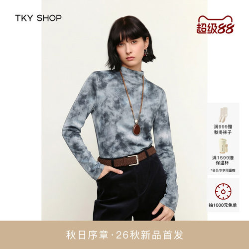 TKYSHOP晕染印花半高领长袖T恤