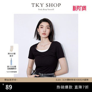 休闲薄上衣清凉透气 黑色短款 TKY SHOP设计感假两件拼接T恤女夏季