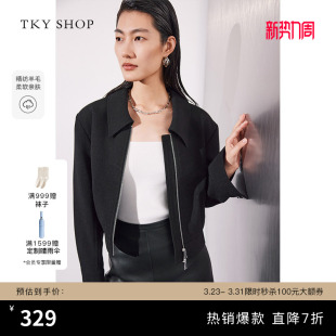 时髦拉链炸街休闲上衣 羊毛开衫 TKY SHOP街头酷飒风外套女翻领短款
