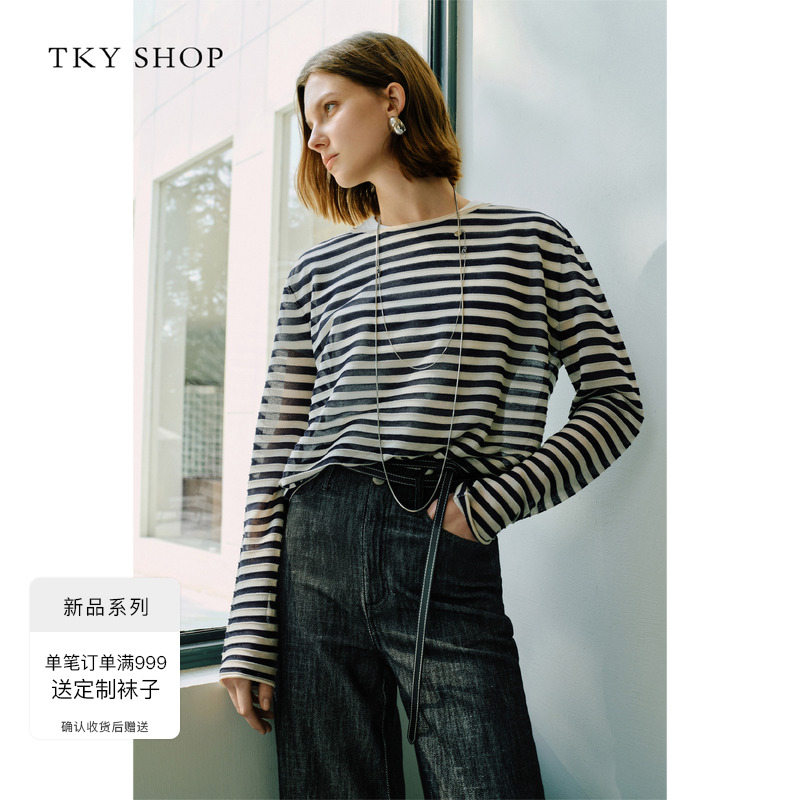 TKYSHOP圆领条纹亚麻T恤女