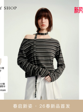 [商场同款]TKY SHOP斜肩飘带长袖条纹T恤2026春新款10J1NA04B072