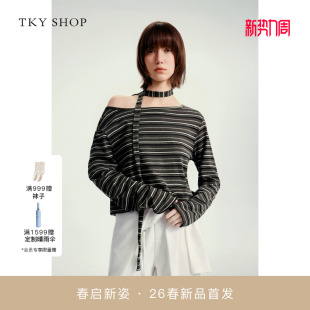 条纹T恤2026春新款 SHOP斜肩飘带长袖 TKY 10J1NA04B072 商场同款