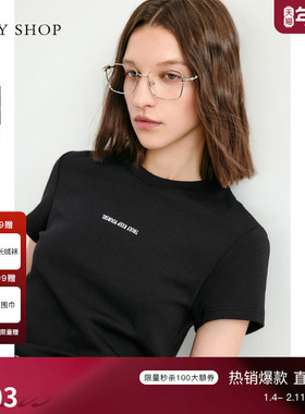 TKY SHOP黑色圆领短袖T恤女修身百搭字母印花薄上衣松弛通勤穿搭