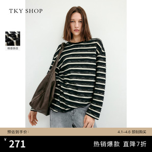 女宽松休闲长袖 上衣简约通勤舒适 SHOP棉感圆领条纹T恤春新款 TKY