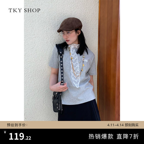 TKYSHOP蕾丝飘带短袖T恤