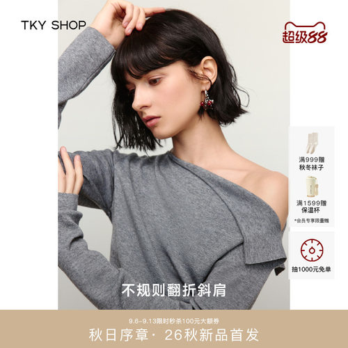TKYSHOP斜肩针织上衣