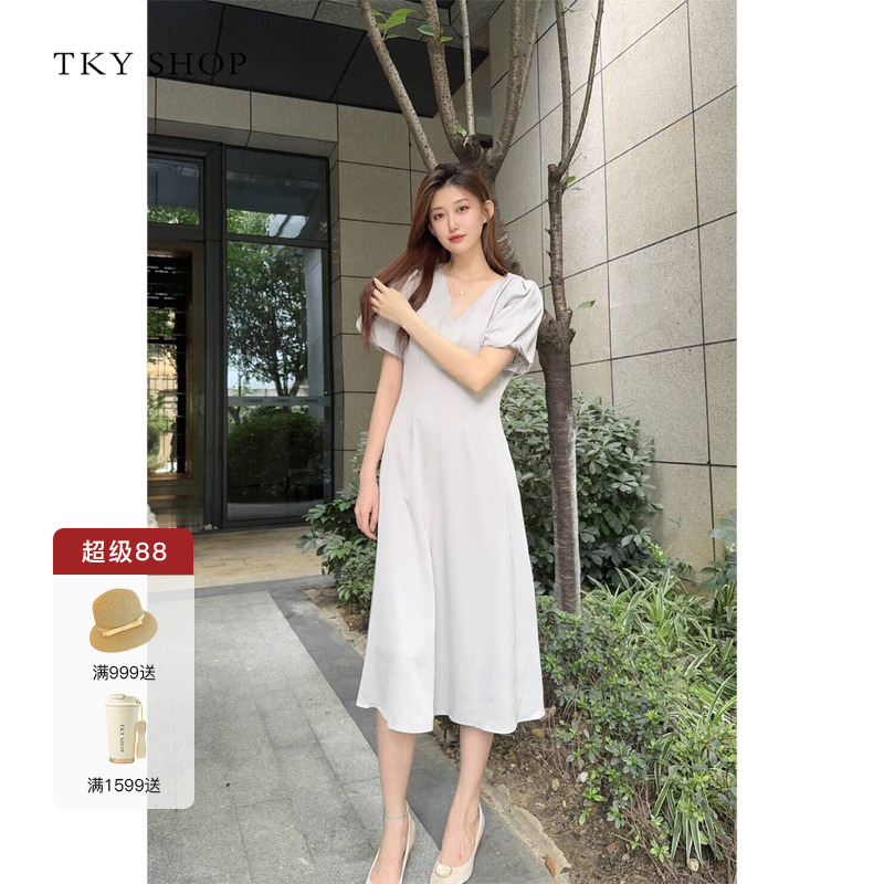 TKYSHOP清冷感时尚V领连衣裙