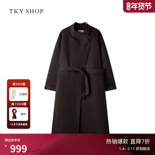TKY SHOP双面呢羊毛大衣2025冬新款中长款收腰系带骆驼绒毛呢外套