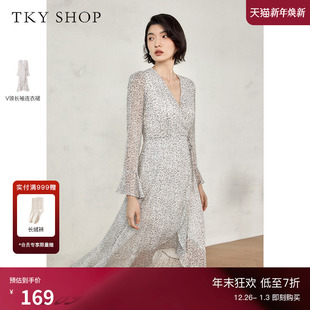 不规则裙摆优雅气质显瘦长裙 V领碎花连衣裙春秋新款 TKY SHOP时尚