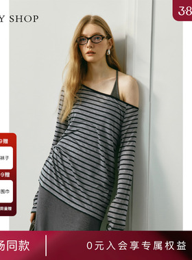 [商场同款]TKY SHOP长袖条纹T恤女秋新款一字肩上衣10I1JA01J002