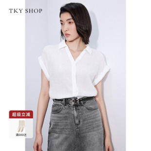 SHOP時(shí)尚 法式 女2025夏季 新款 襯衫 雪紡薄款 TKY 上衣 高級(jí)感白色短袖