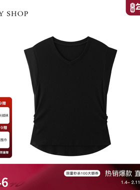 TKY SHOP极简风V领短袖T恤女黑色修身显瘦上衣简约通勤无袖内搭