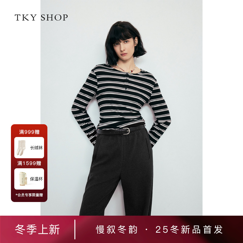 TKYSHOP抽褶条纹长袖T恤女