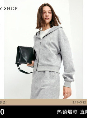 TKY SHOP休闲风连帽长袖卫衣设计感双头拉链开衫灰色慵懒风短外套