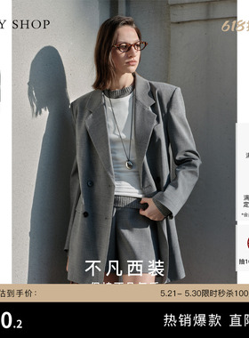 TKY SHOP老钱风灰色西装外套女通勤百搭中长款简约职场气质女装
