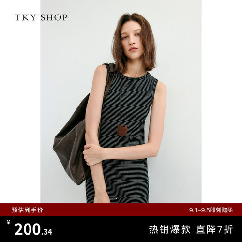 TKYSHOP无袖条纹长款背心连衣裙