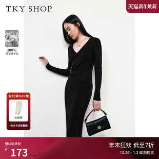 SHOP简约V领针织连衣裙秋冬修身 TKY 显瘦气质小黑裙 100%绵羊毛