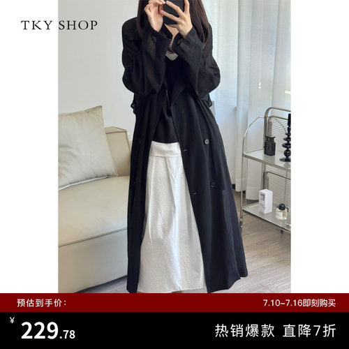 TKYSHOP黑色长款垂感宽松风衣