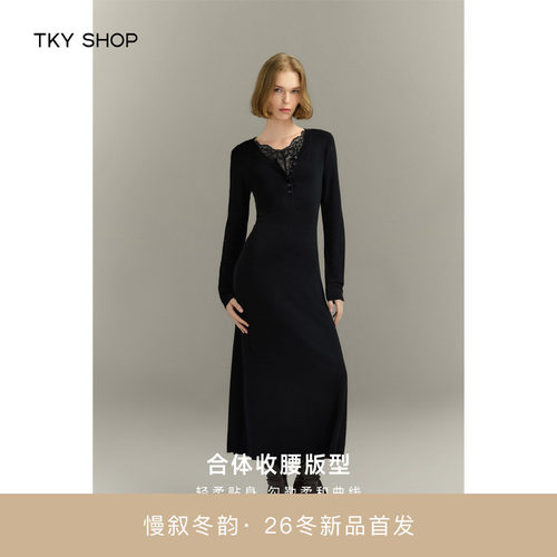 TKYSHOP厚毛衫V领连衣裙