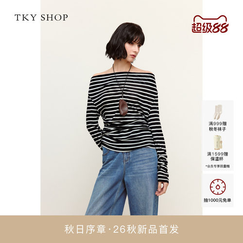 TKYSHOP荡领条纹上衣长袖T恤
