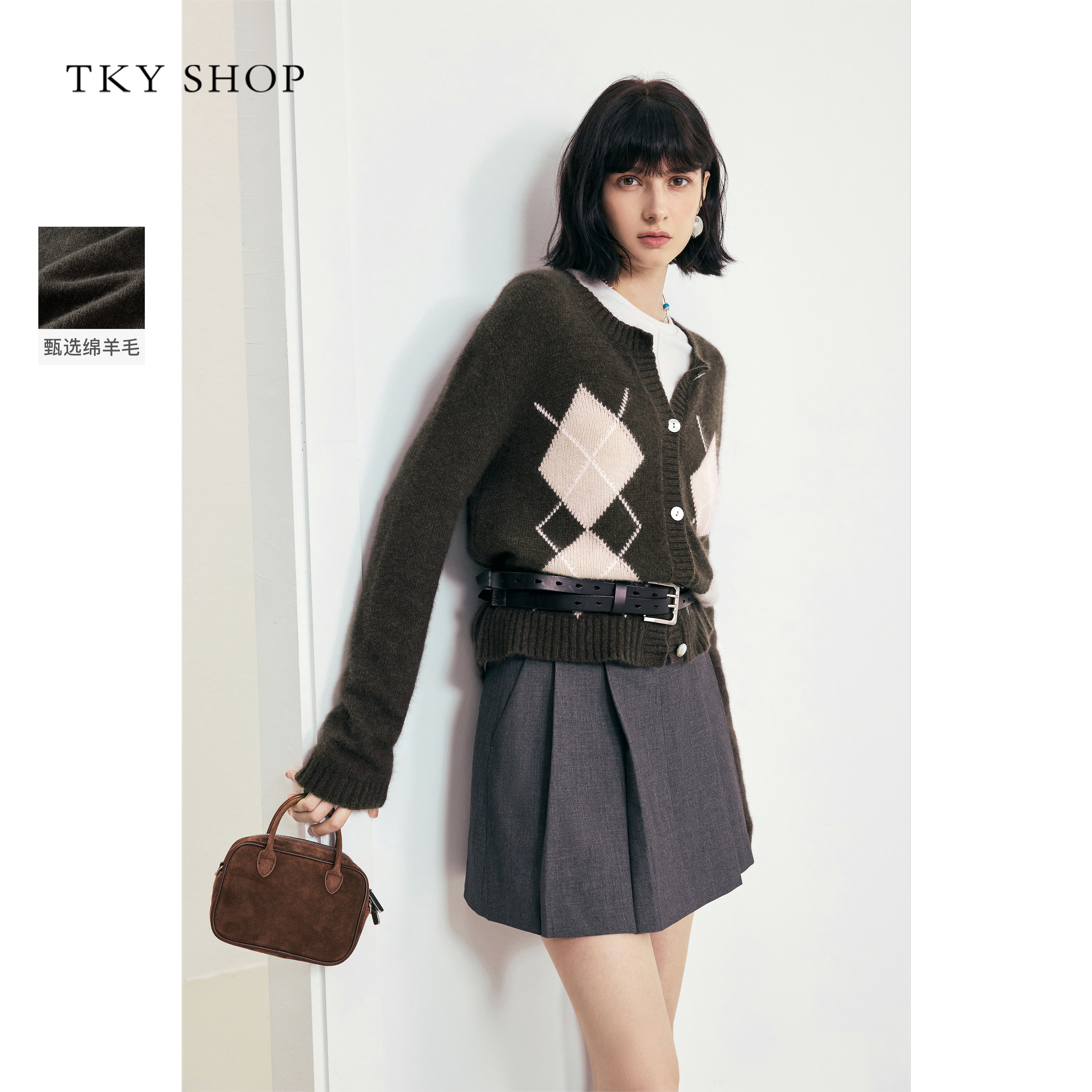 TKYSHOP菱格纹圆领毛针织开衫