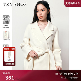 新款 SHOP翻领系带大衣女冬季 TKY 简约气质毛呢外套女 100%绵羊毛