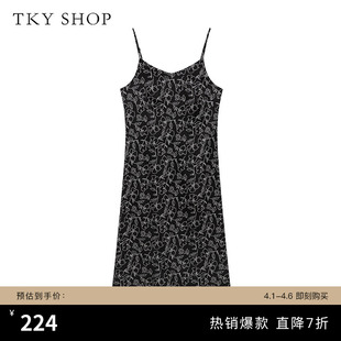 新款 艺术感气质优雅减龄裙子 SHOP黑底白花真丝吊带连衣裙夏季 TKY