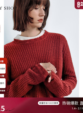 TKY SHOP安可拉红氛围感圆领套头针织衫女冬新款绵羊毛保暖毛衣女