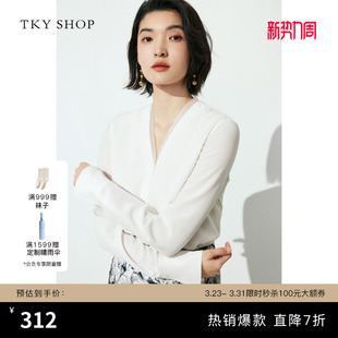 SHOP长袖 TKY 真丝衬衫 女夏新季 V领上衣白色衬衣 款 100%桑蚕丝