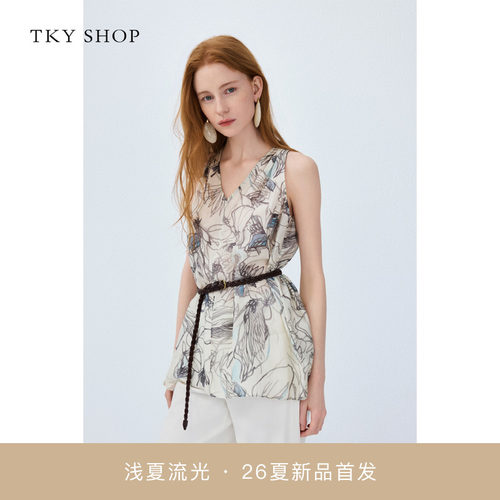 TKYSHOP气质V领无袖印花上衣
