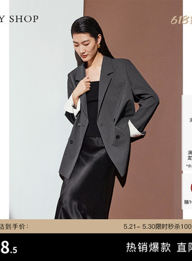 TKY SHOP极简风西装外套女春秋宽松休闲灰色短外套职场通勤西服