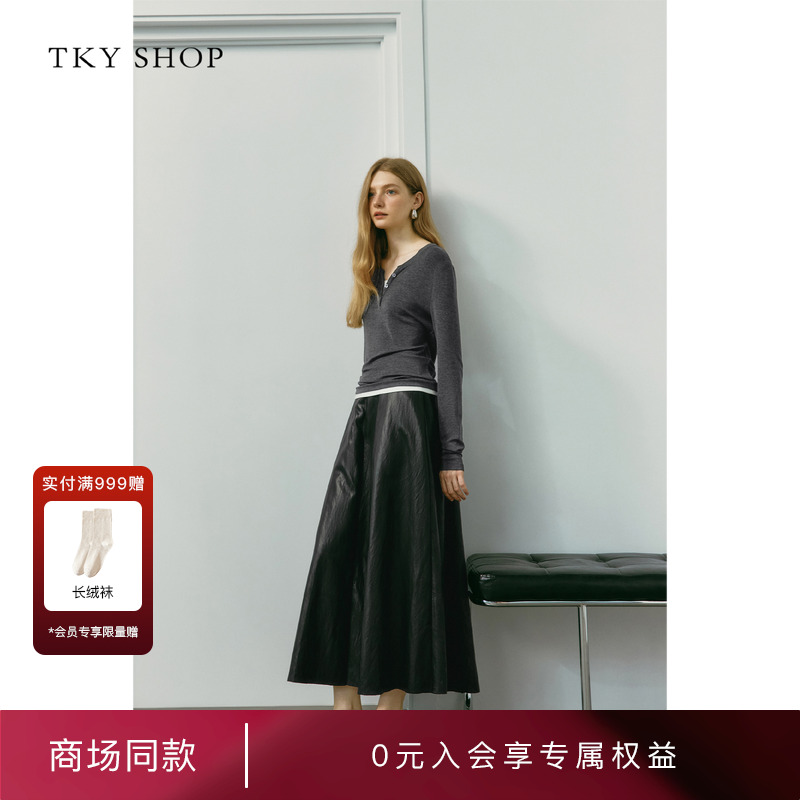 TKYSHOP长款复古哑光PU皮裙