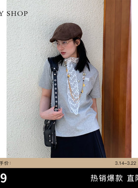 TKY SHOP蕾丝飘带短袖t恤女新款春季上衣设计感百搭圆领宽松内搭