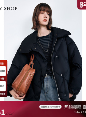 TKY SHOP短款翻领鹅绒服女2025冬季新款保暖菱格纹羽绒服黑色耐脏