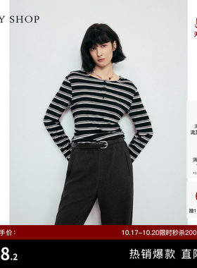TKYSHOP抽褶条纹长袖T恤女