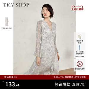 TKY SHOP时尚V领碎花连衣裙春秋新款不规则裙摆优雅气质显瘦长裙