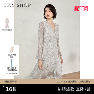 不规则裙摆优雅气质显瘦长裙 V领碎花连衣裙春秋新款 TKY SHOP时尚