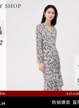 TKYSHOP抽褶V领长袖碎花连衣裙