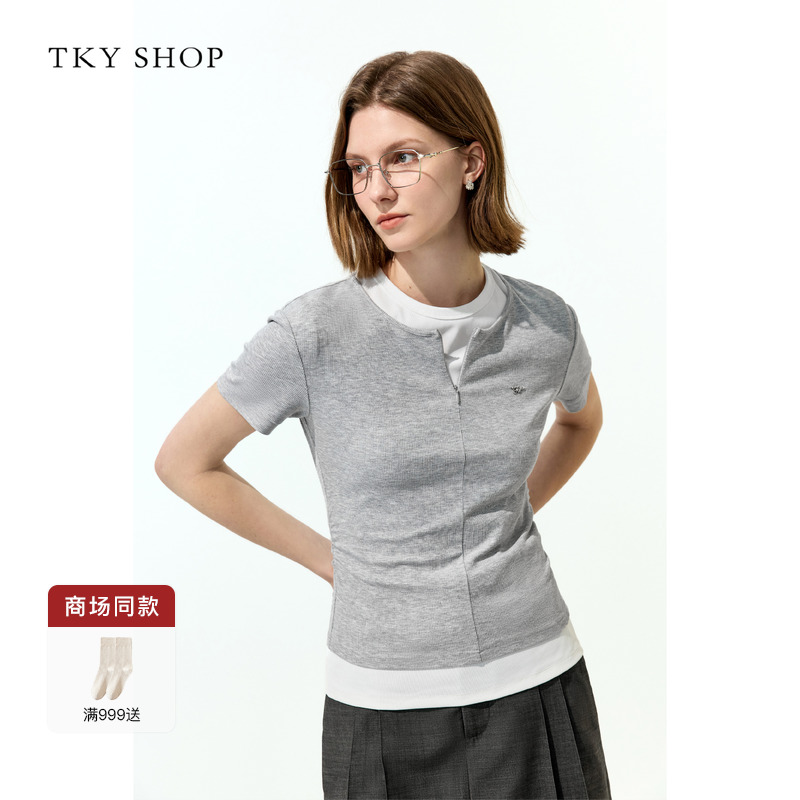 TKYSHOP拉链灰色短袖T恤