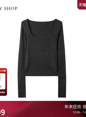 TKY SHOP简约方领毛针织衫女2025秋新款绵羊毛加厚保暖针织毛衣女