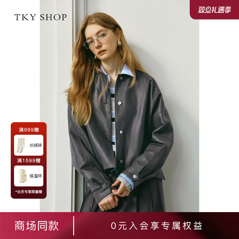 TKYSHOP翻领长袖皮衣